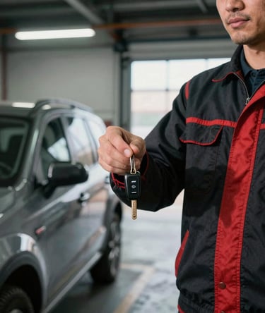 Medium-close shot of a mechanic handing van keys to a delivery driver in a brightly lit industrial garage, sharp details, cool workshop lighting