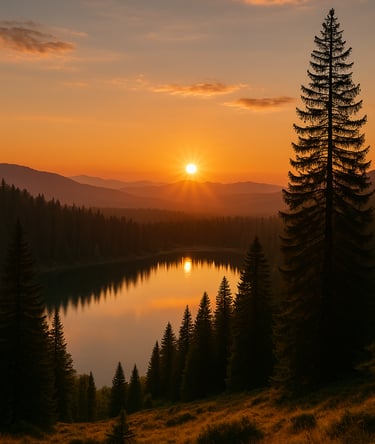 Scenic mountain lake reflecting orange sunset through pine trees