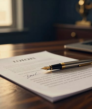 Close-up of a signed corporate contract with a premium gold fountain pen resting on it, luxury dark wood desk, warm golden lighting, shallow depth of field, professional legal atmosphere
