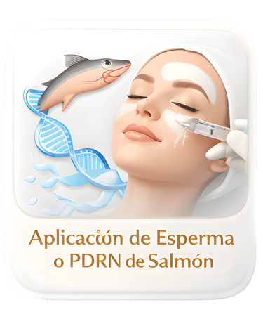 Facial treatment illustration showing salmon PDRN injection for skin rejuvenation and DNA repair.