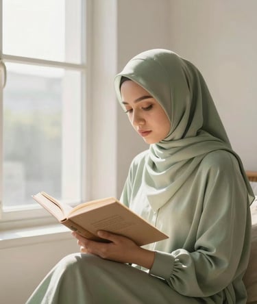 Seorang wanita muslimah sedang membaca buku di sudut kamar yang terang dan rapi, dengan jendela besar di sampingnya. Cahaya matahari pagi yang lembut masuk, interior minimalis dengan aksen hijau sage dan krem.
