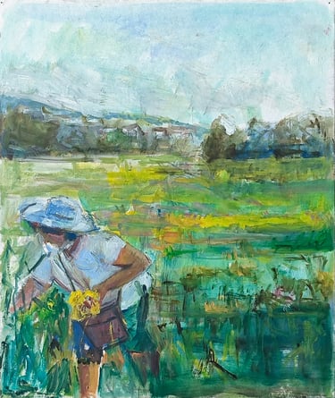Mari cogiendo flores, óleo del artista pintor Argi Girón. Lanscape field flowers oil painter artist
