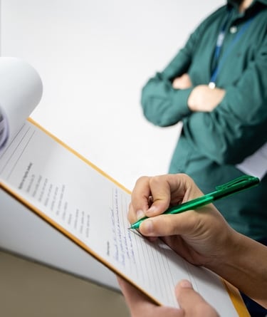 A person writing on paper on a clipboard