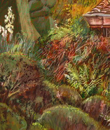 Side view from Great Dixter porch - digital drawing