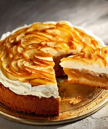 an apple cake with a slice taken out of it