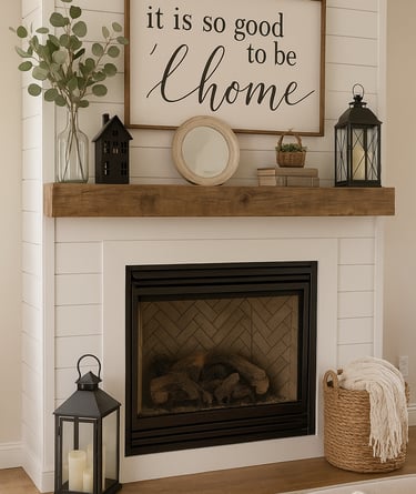 Farmhouse-style shelving with wooden accents, books, woven baskets, lantern décor, and neutral 