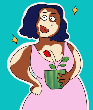 a woman with a flower potted in a potted potted with a flower. Vitiligo. By Diane Mulolo Faida