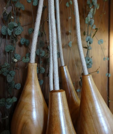 houten lampfittingen met snoer en planten op de achtergrond