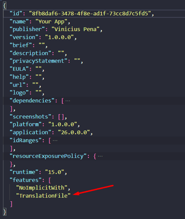 A JSON configuration file in a code editor showing app metadata and translation file features.