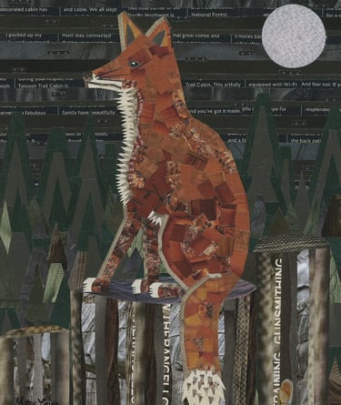 Mixed media paper collage of a red fox sitting in a dark forest under a full moon.