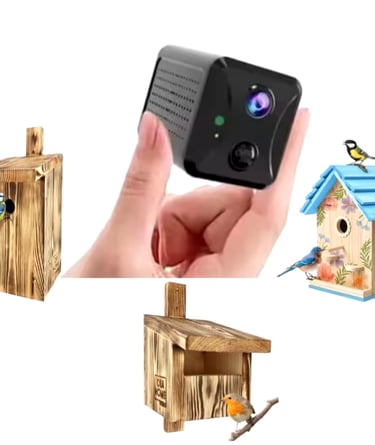 Hand holding a solar-powered bird box camera next to wooden and painted birdhouses with garden birds