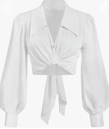 white collard blouse, long-sleeved, ties in the front