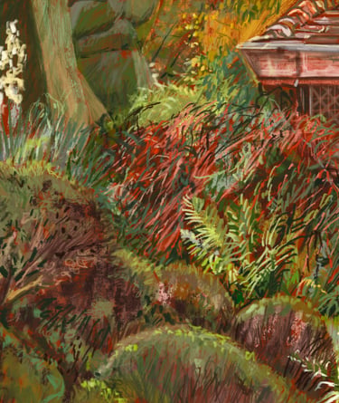 Side view from Great Dixter porch - digital drawing