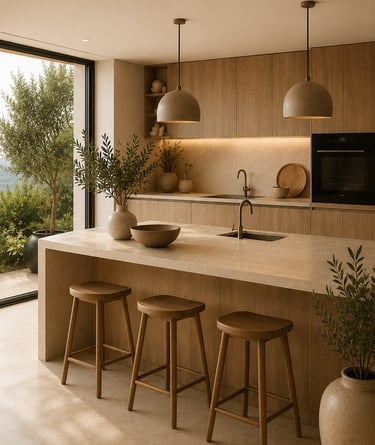 Cuisine sur mesure haut de gamme avec îlot en pierre naturelle, meubles en chêne clair et baie vitré