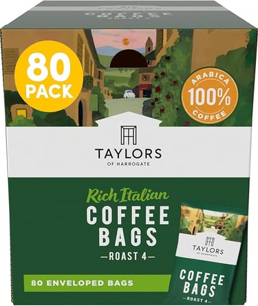 a box of coffee bags of coffee beans