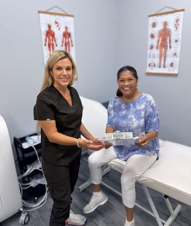 a woman in a doctor's office receiving a checkered checklist