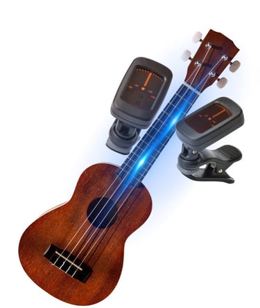 Online virtual ukulele tuner showing note accuracy on a wooden soprano ukulele neck.