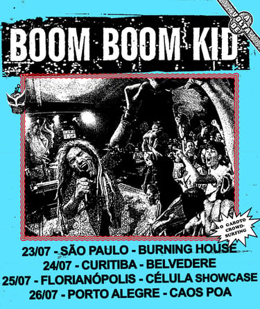 Poster com foto do músico Carlos "Nekro" Rodríguez, líder da banda Boom Boom Kid e datas da tour BR