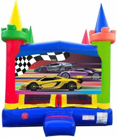 Medium Race Cars Moonwalk. Bookings 832-216-8423