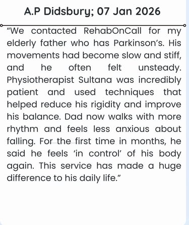 patient review aboiut their father recovery after physio session