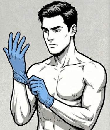 male cartoon putting on blue latex gloves