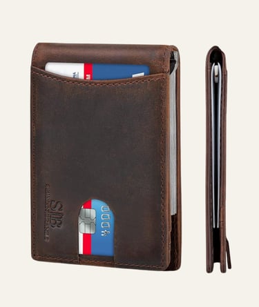 Slim brown leather bifold wallet with credit cards and a minimalist profile for men.