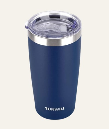 Sunwill navy blue vacuum insulated stainless steel tumbler with a clear spill-proof lid.