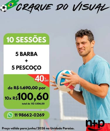 Promoção depilação a laser barba e pescoço masculina 10 sessões Não+Pelo junnho 2026 10x R$100,60