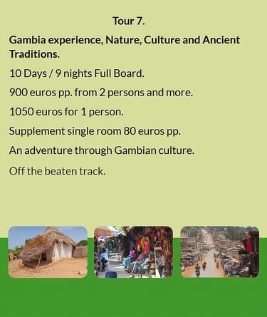 Flyer Tour 7 – 10-day Gambia tour full board, price from €900 per person, focusing on nature, cultur