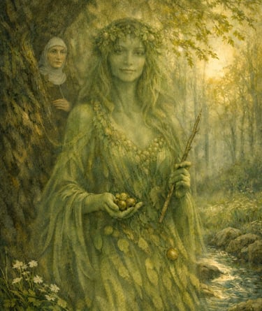 Hildegard of Bingen (nun) stands beside Hazel, embodying viriditas, sacred wisdom, and the breath of living knowledge.