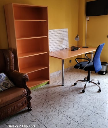 Habitación con estantería y amplio escritorio
