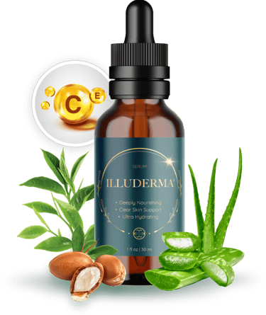 Illuderma serum bottle for deeply nourishing, clear skin support, and ultra-hydrating, surrounded by natural ingredients