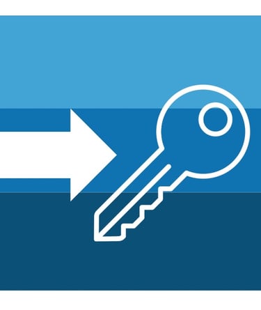 Arrow pointing to key icon over blue ombre band brand, representing residential rekeying services by Asheville Locksmith Now
