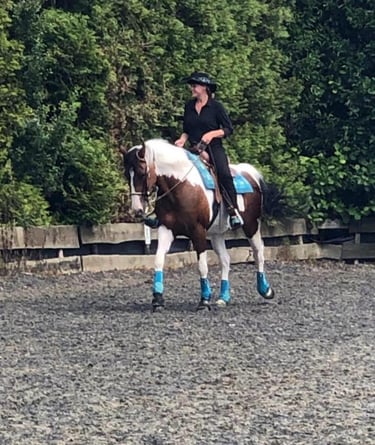 Cowgirl op een bruin wit gevlekt paard