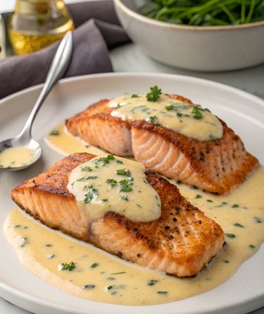a plate of salmon and vegetables with a bowl of sauce