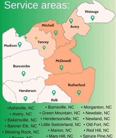 A map of WNC for Jack’s Locksmith native and local services in Buncombe, Henderson, Polk, Mitchell, Yancey, Avery county