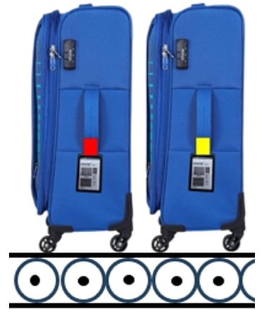 Identical bags on conveyor with different color eBagTag