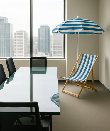 a boardroom table with chairs and a beach chair and umbrella