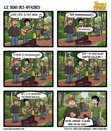 Comic strip of two street musicians being paid by a man in a park to stop singing and go away.