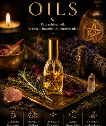 Pure spiritual oils bottle for rituals and intention surrounded by crystals, herbs, and a lit candle.