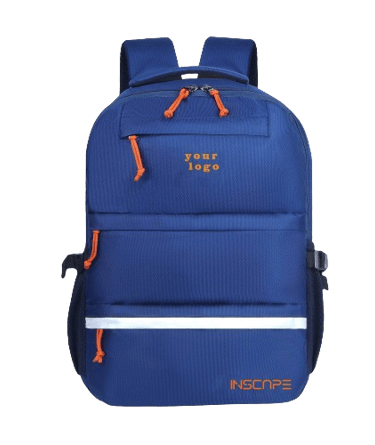 navy blue color school bags with white color design and orange zipper ties