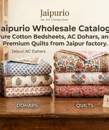 Buy Jaipurio Wholesale Catalog: Pure Cotton Bedsheets, Jaipuri AC Dohars, and Premium Quilts direct 
