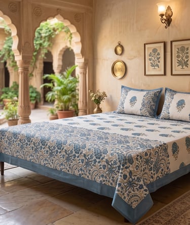 Hand-blocked blue and white floral cotton bedspread on a bed in a luxury Indian haveli suite.