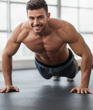 A fit man doing a pushup in a bright gym setting.