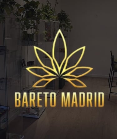 Logotipo luminoso Bareto Madrid con hoja de cannabis dorada en local de club cannábico