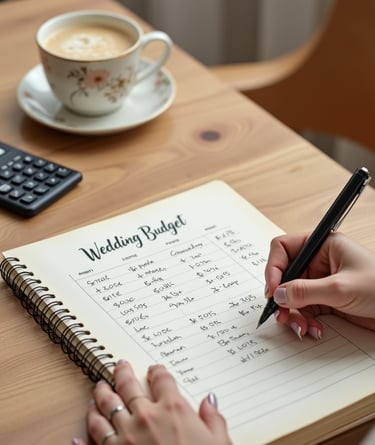 Main féminine écrivant un budget événementiel sur un carnet avec calculatrice