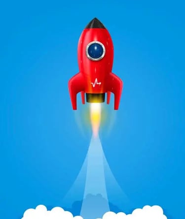 A red rocket with a blue window is launching into a clear blue sky, leaving a trail of smoke and fire behind it as it rises