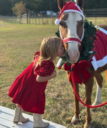 Snickers the Santa Pony gets Christmas kisses at a holiday pony photo session