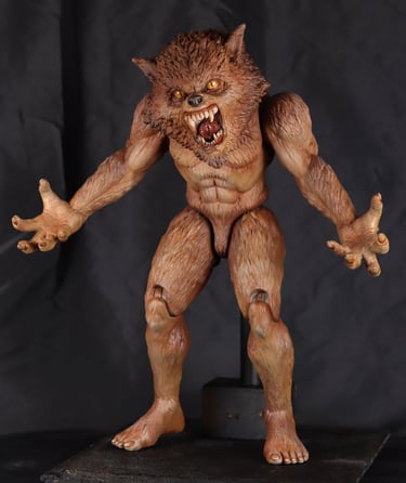 Hand-sculpted werewolf creature figure produced using 3D printing, mould making, and painted resin casting