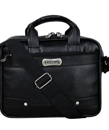 a black briefcase leather sling bag with metal logo